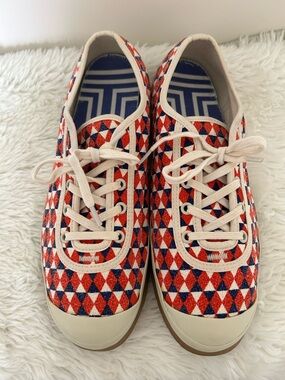 Tory Burch Sport Patterned Red & Blue Canvas Sneakers